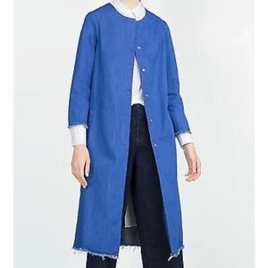 Zara Blue Denim Long Collarless Coat Raw Cut Hem Size M